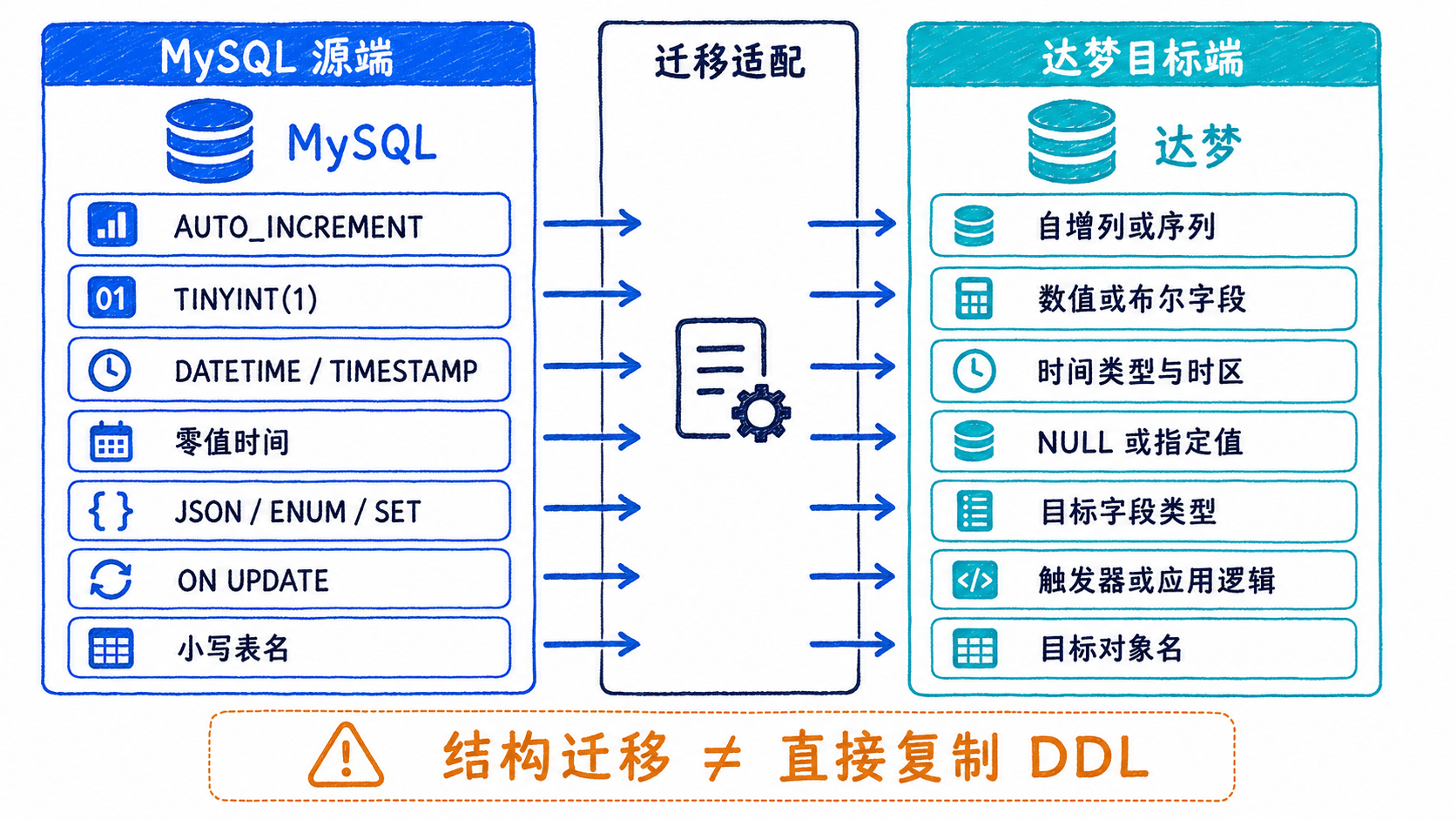 MySQL与达梦结构差异处理示意